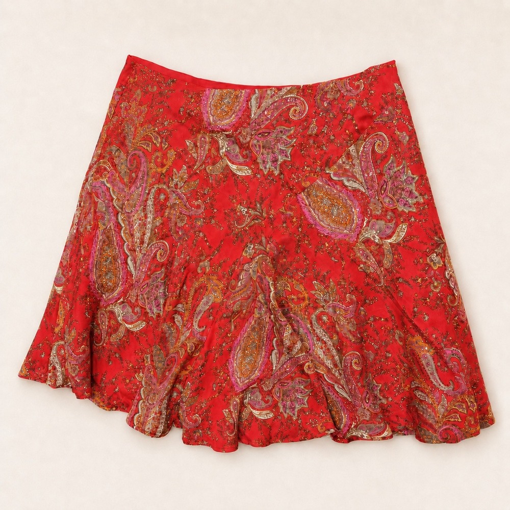Worthington Paisley A Line Skirt Womens Size 16 Red Pink Silk blend NWT  Office